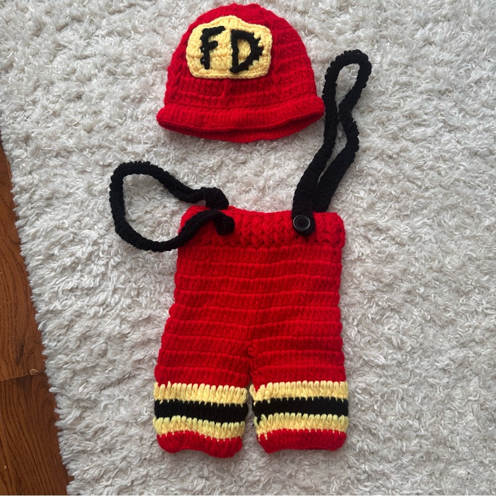 Handmade Crocheted Firefighter Baby Costume Hat & Suspenders Romper